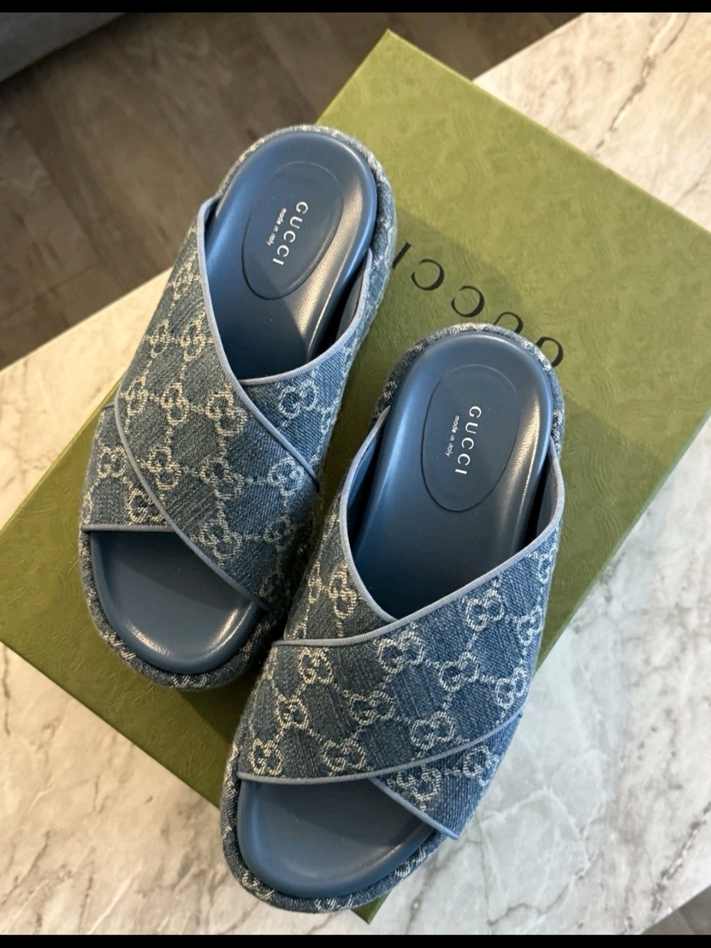 Gucci Blue GG Denim Crossover Slide Sandals